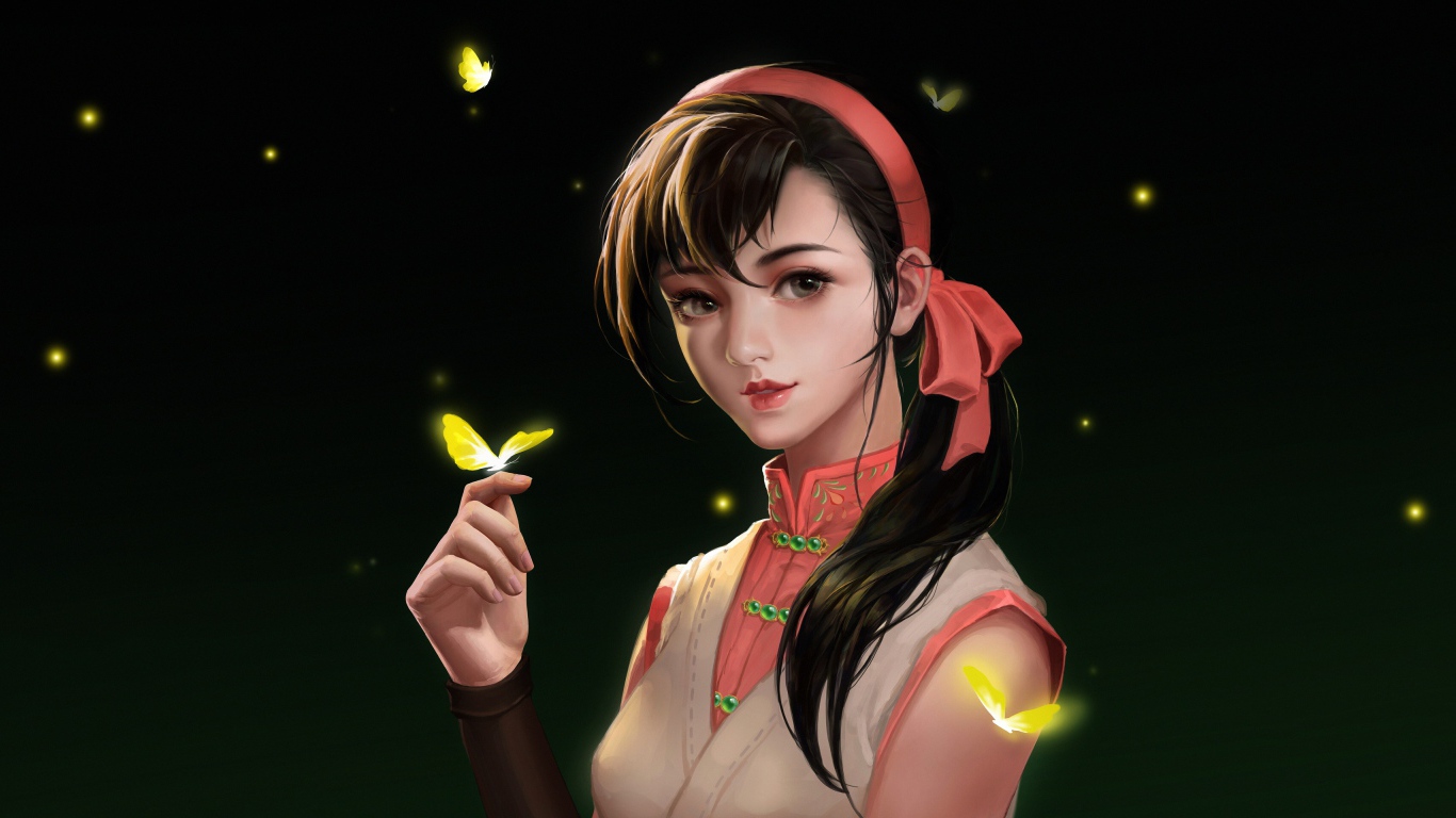 Девушка аниме с бабочкой на пальце