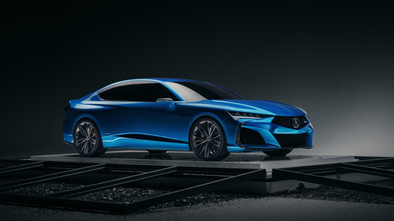 Синий новый автомобиль Acura Type S Concept 2019 года на сером фоне