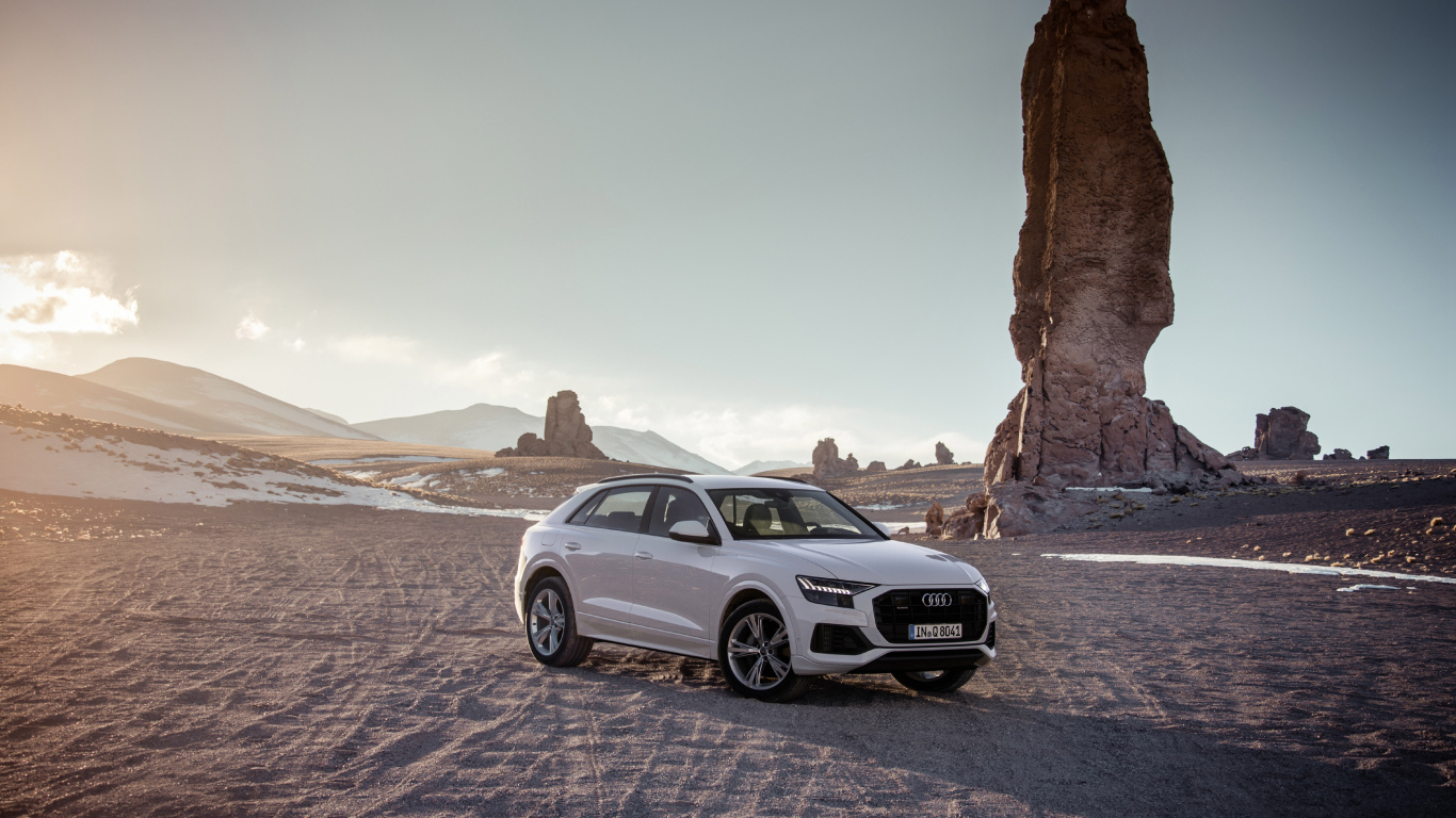 Внедорожник Audi Q8 стоит на песке на фоне скалы 