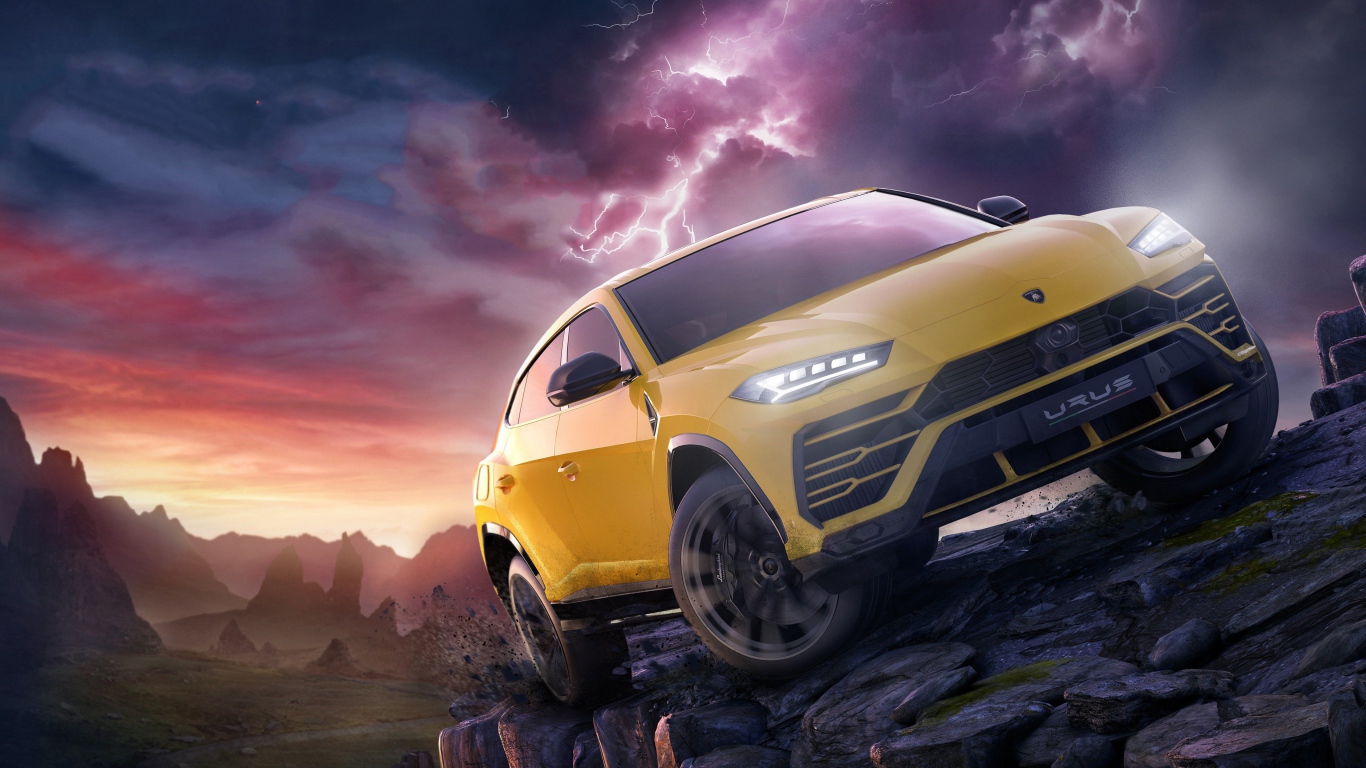 Желтый внедорожник Lamborghini Urus в горах
