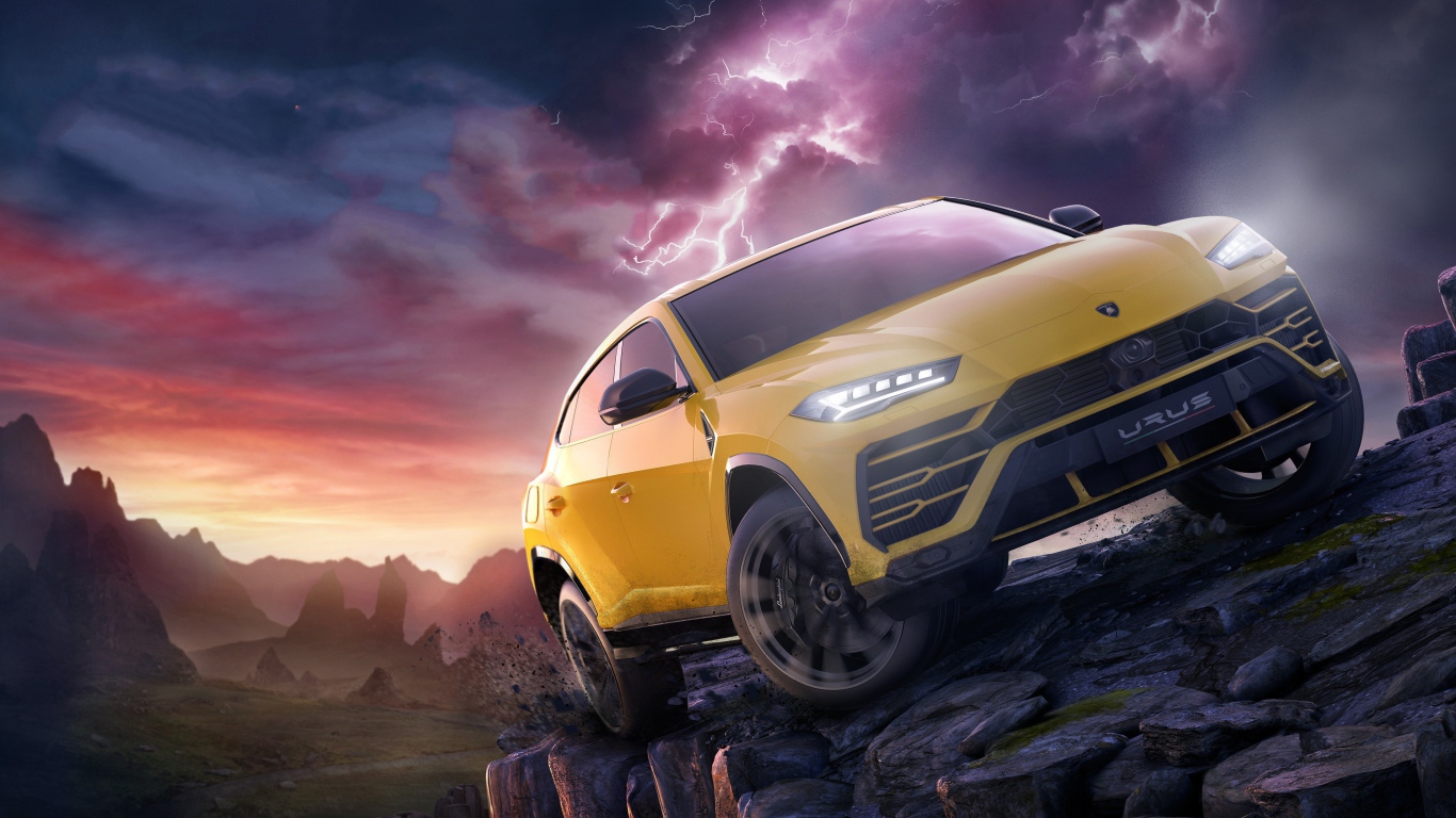 Желтый внедорожник Lamborghini Urus на фоне грозового неба