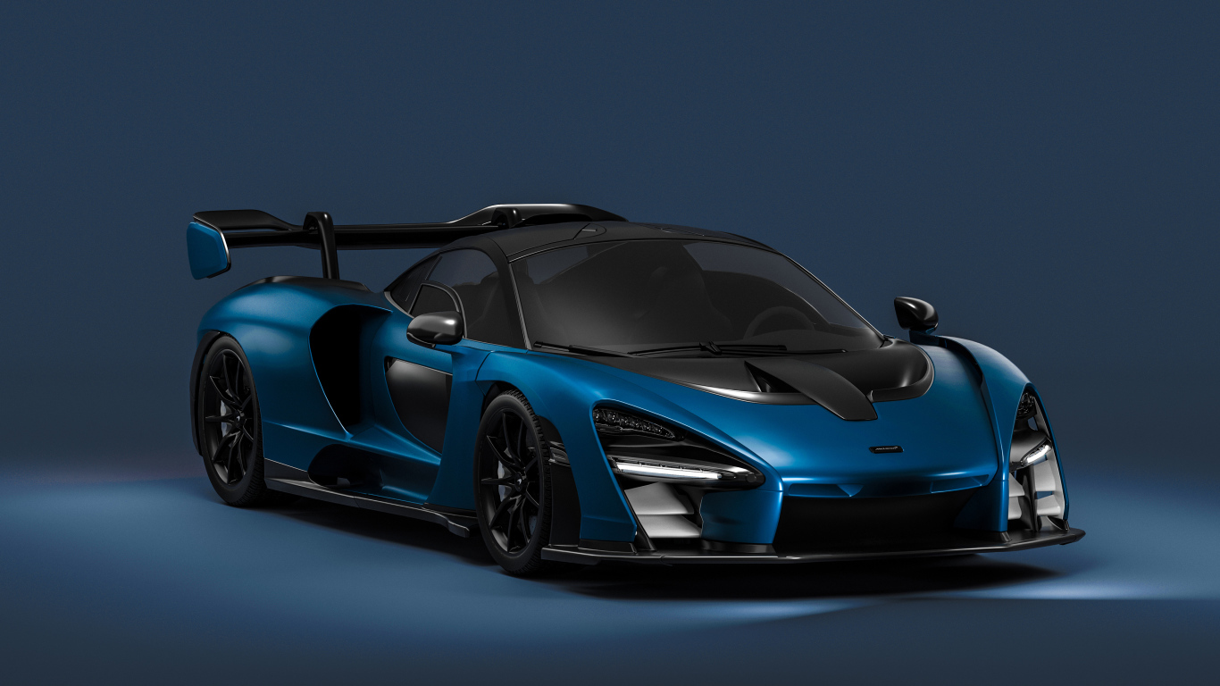 Синий спортивный автомобиль McLaren Senna CGI на сером фоне