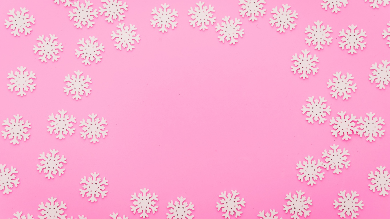 Много белых снежинок на розовом фоне