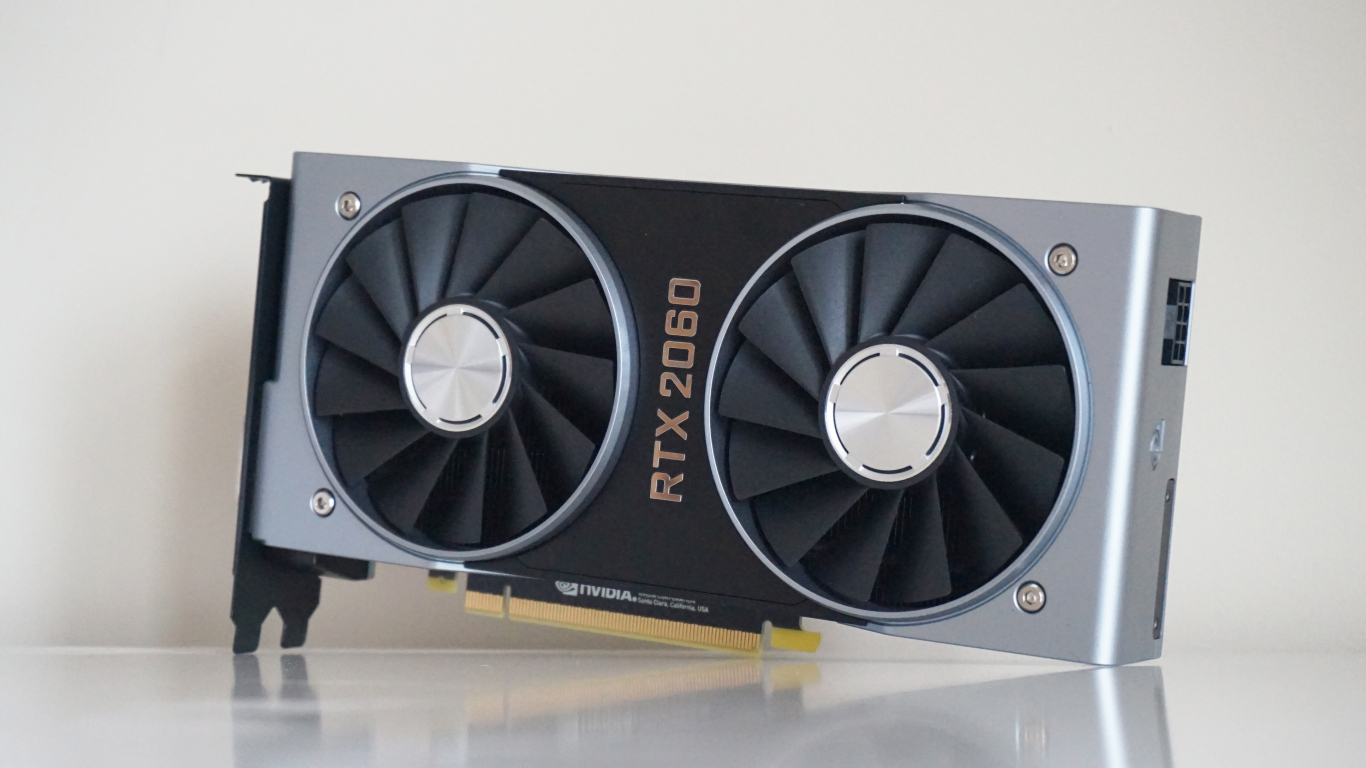 Новая видеокарта Nvidia GeForce RTX 2060 на сером фоне, CES 2019