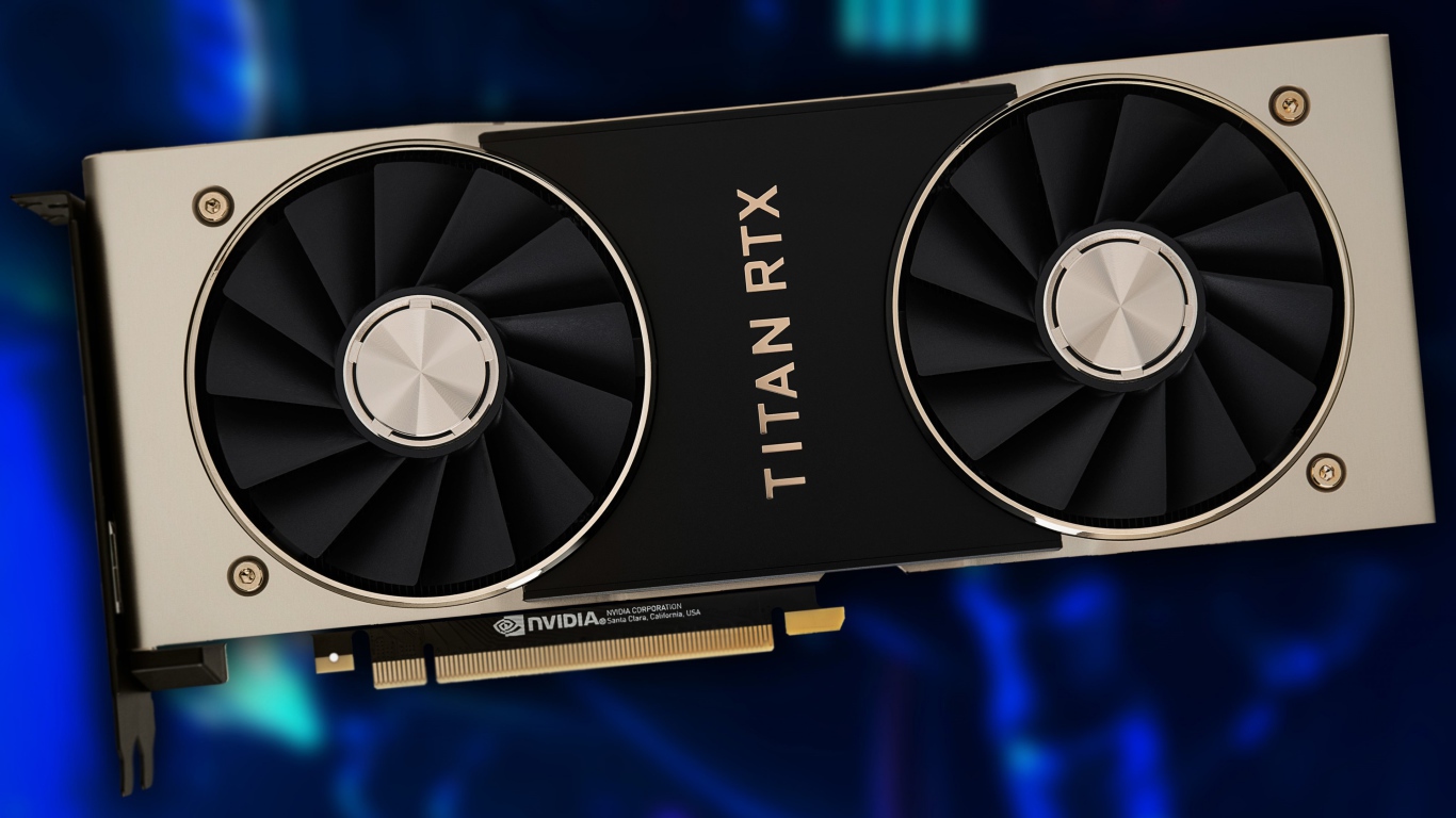 Новая видеокарта Nvidia Titan RTX на синем фоне крупным планом