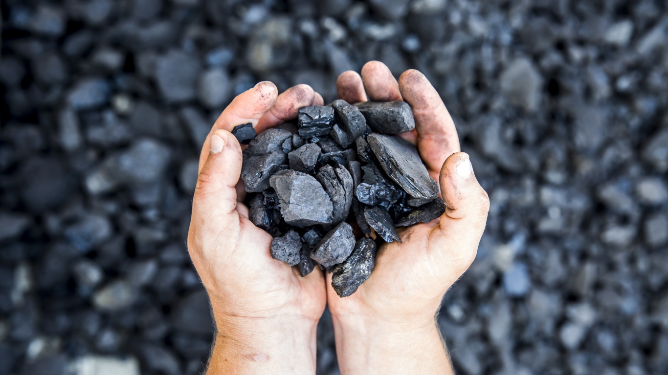 Куски угля в руках у мужчины 
