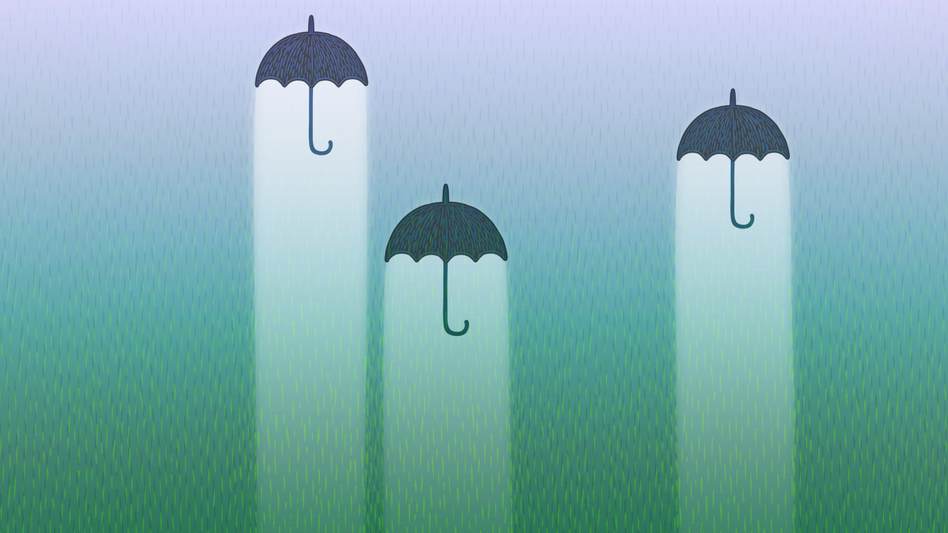 Три черных зонтика со светом на фоне дождя