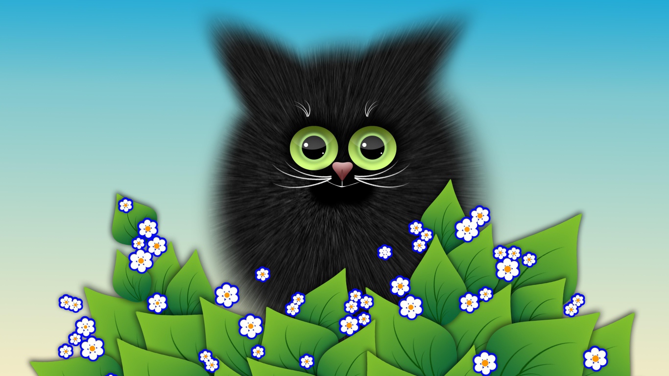 Черный котенок с зелеными листьями векторный рисунок