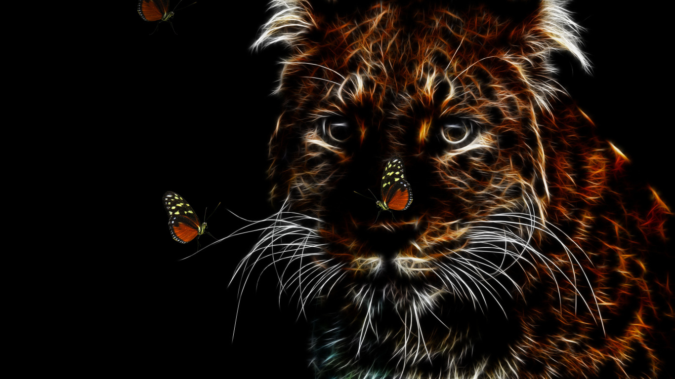 Нарисованный неоновый леопард с бабочками на черном фоне