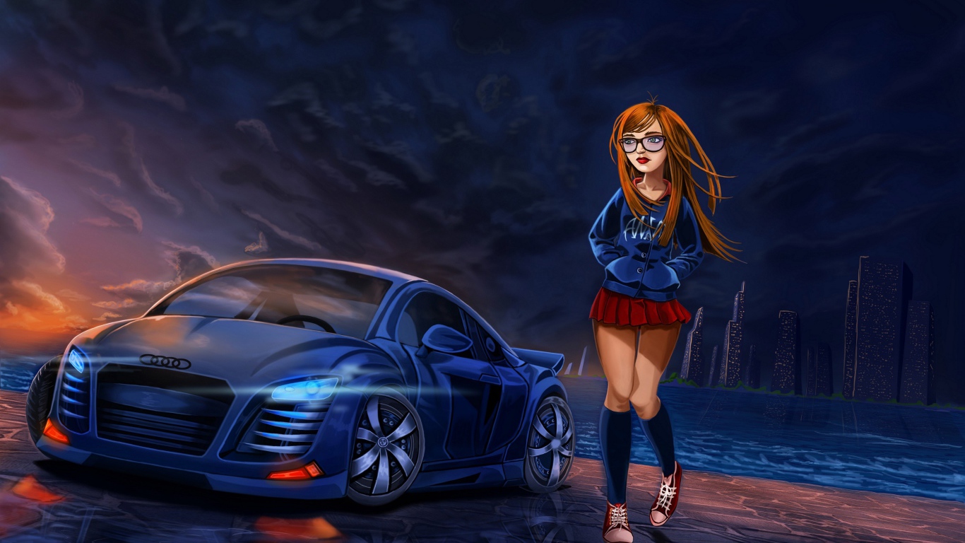 Painted girl in a short skirt at the car Audi