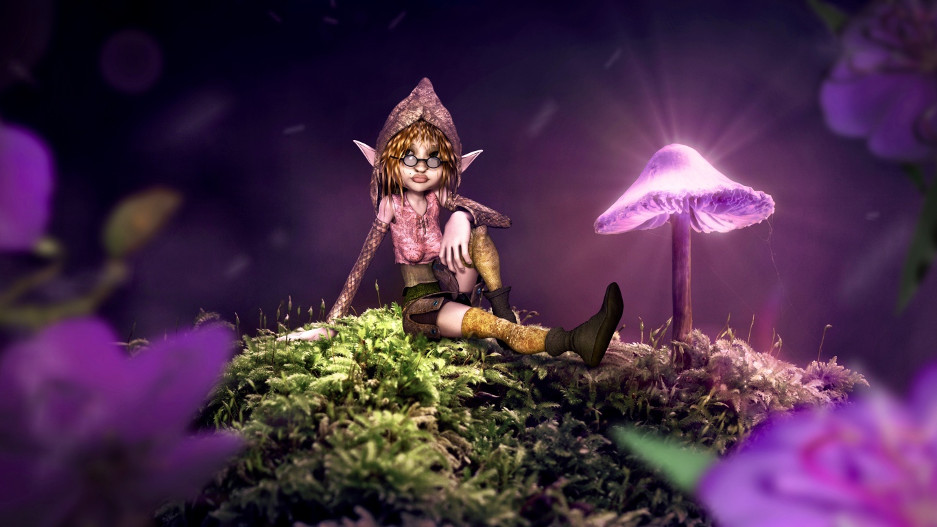 Fantastic elf sitting on mossy ground with neon mushrooms