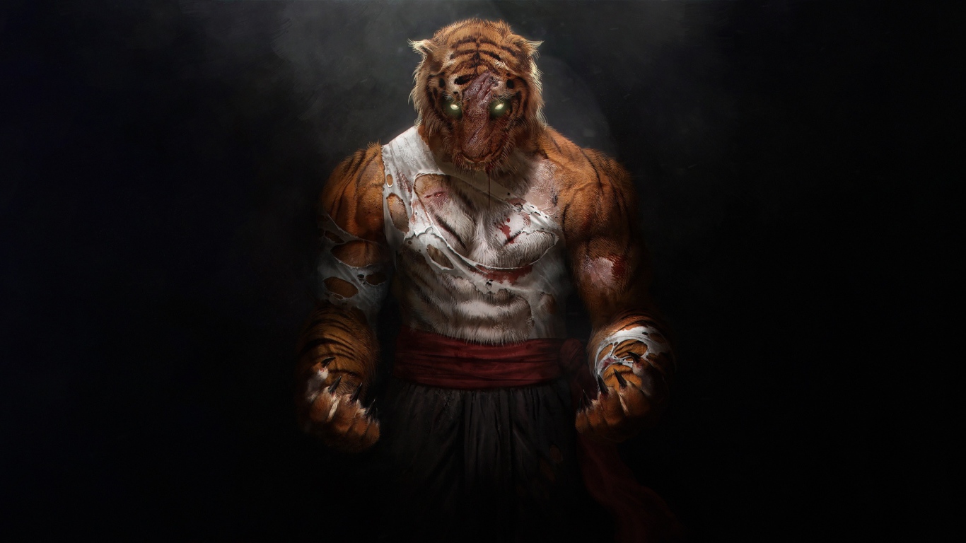 Fantastic tiger warrior on a gray background.