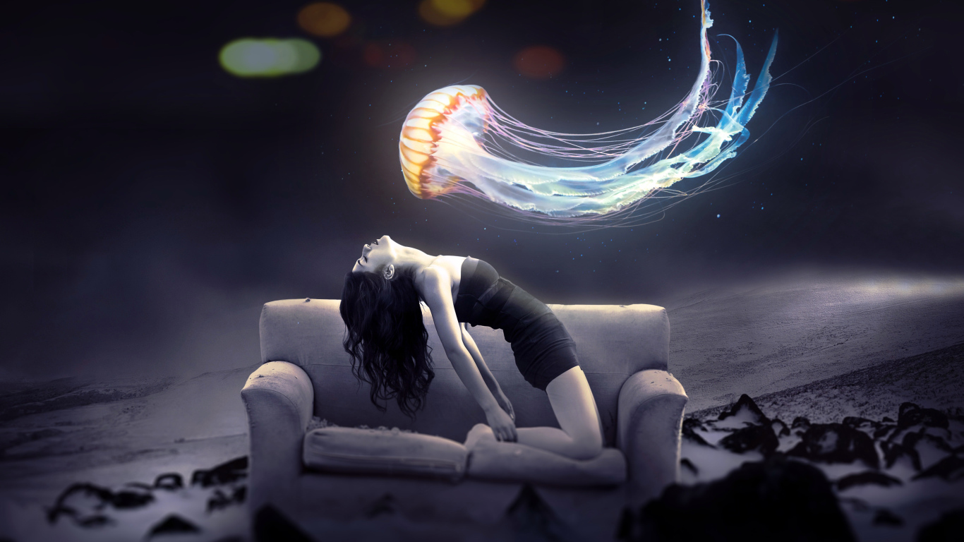 Медуза пролетает над девушкой на диване, фэнтези