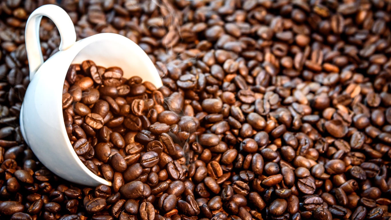 Белая чашка с жареными кофейными зернами
