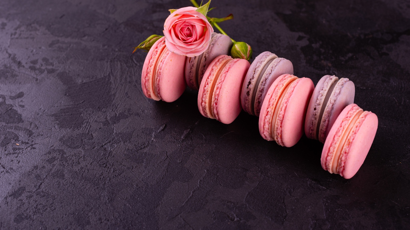 Аппетитный сладкий десерт макарон на серой поверхности с розой 