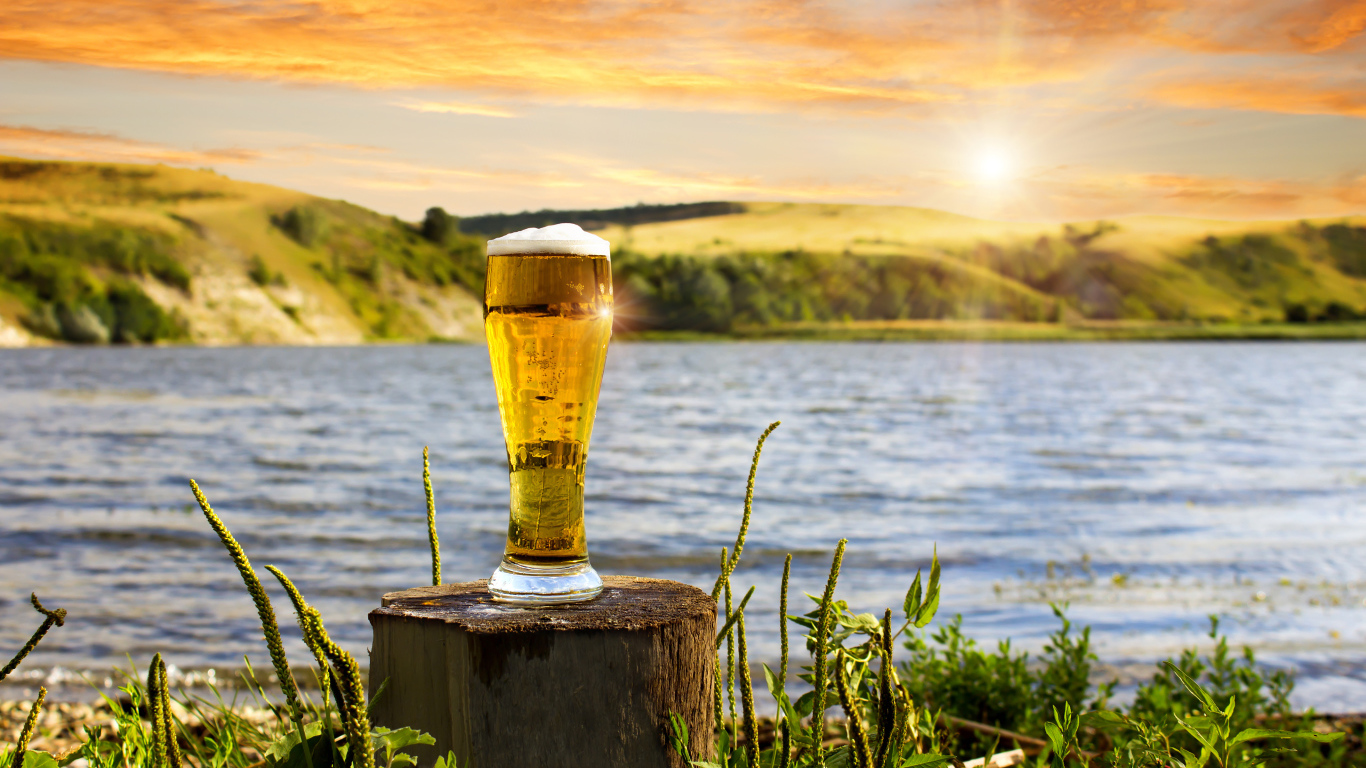 Бокал пива стоит на пне у воды 