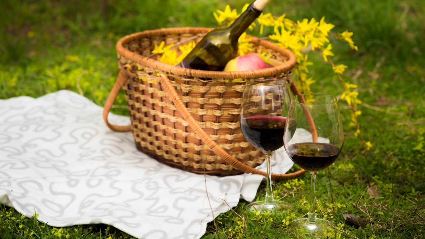 Два бокала вина с корзиной на зеленой траве для пикника 