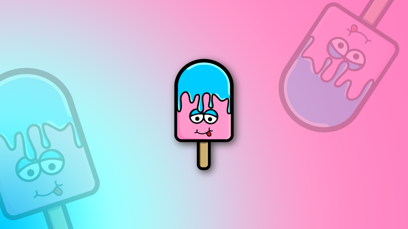 Мороженое на палочке с высунутым языком на розовом фоне