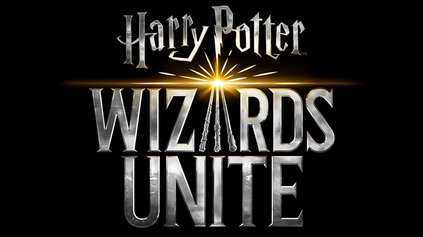 Логотип новой видеоигры Harry Potter: Wizards Unite, 2019 года на черном фоне