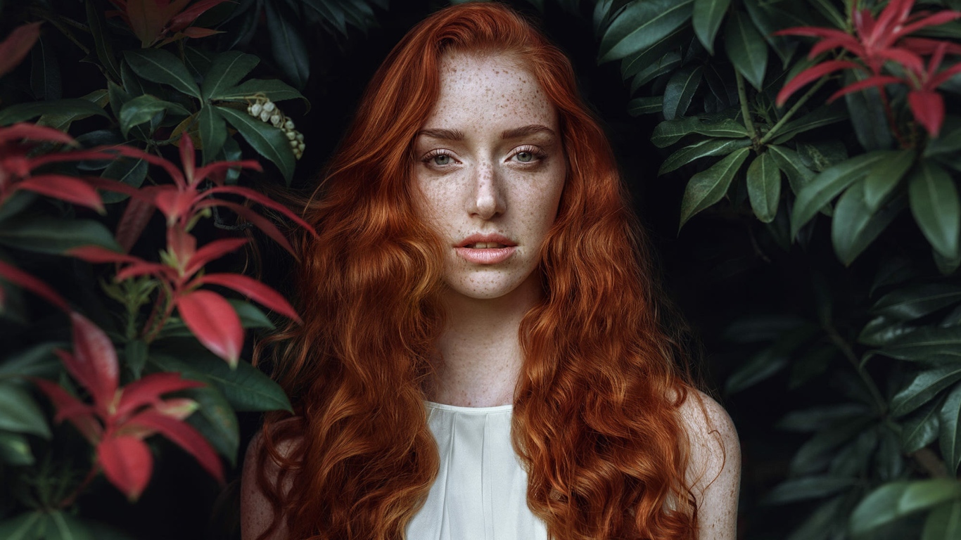 Рыжеволосая девушка с веснушками на лице на фоне кустов 