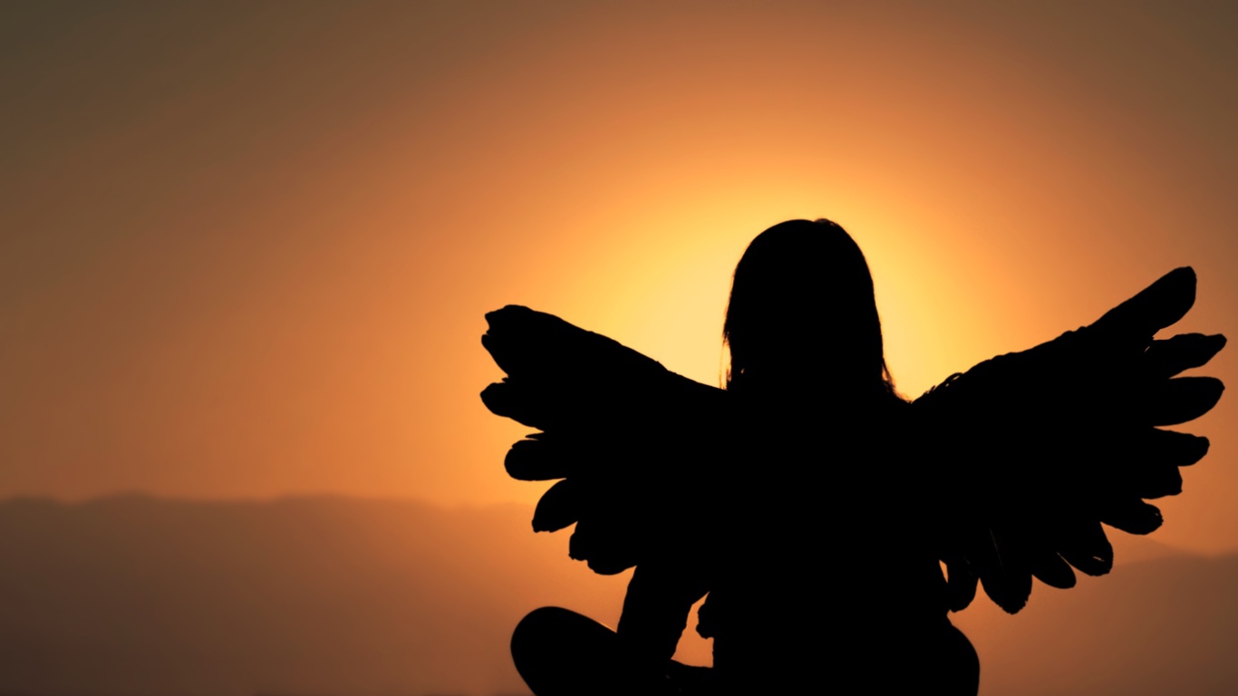 Силуэт девушки с крыльями ангела на фоне заката