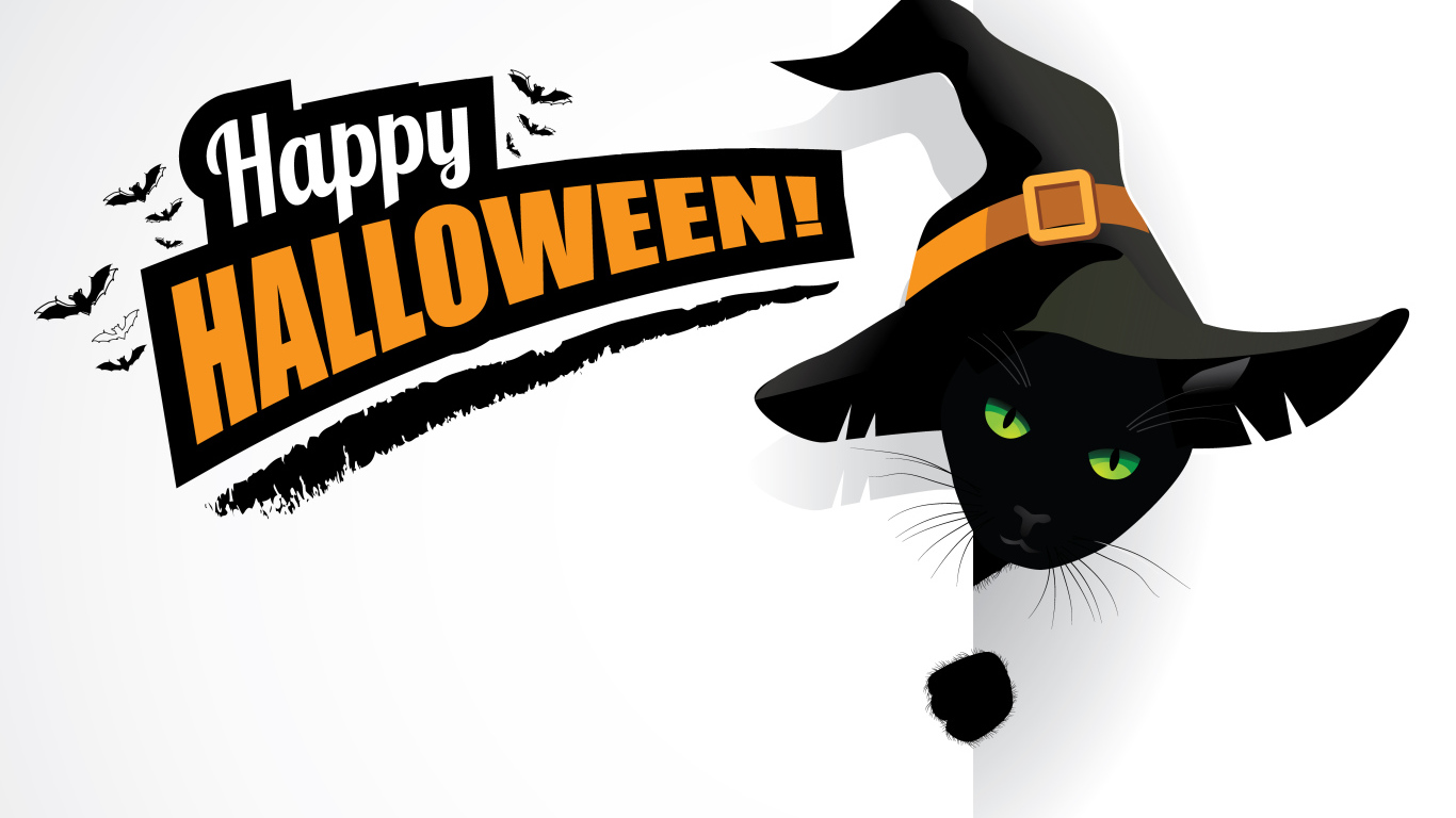 Черный кот в шляпе ведьмы с надписью на белом фоне