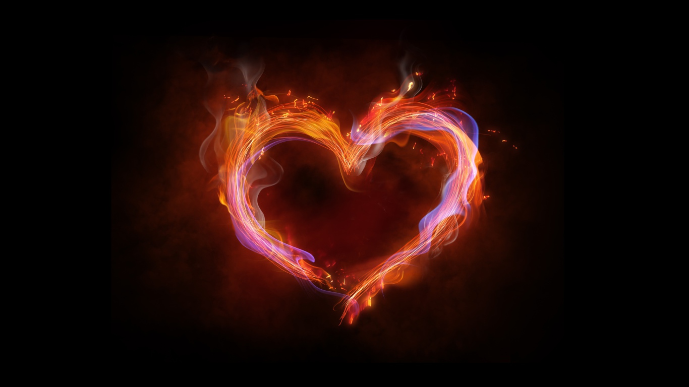 Огненное неоновое сердце на черном фоне