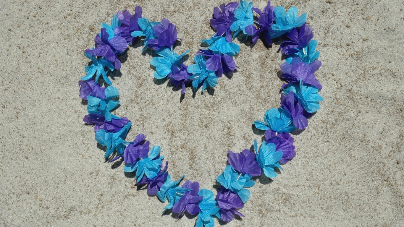 Сердце из цветов на песке на пляже