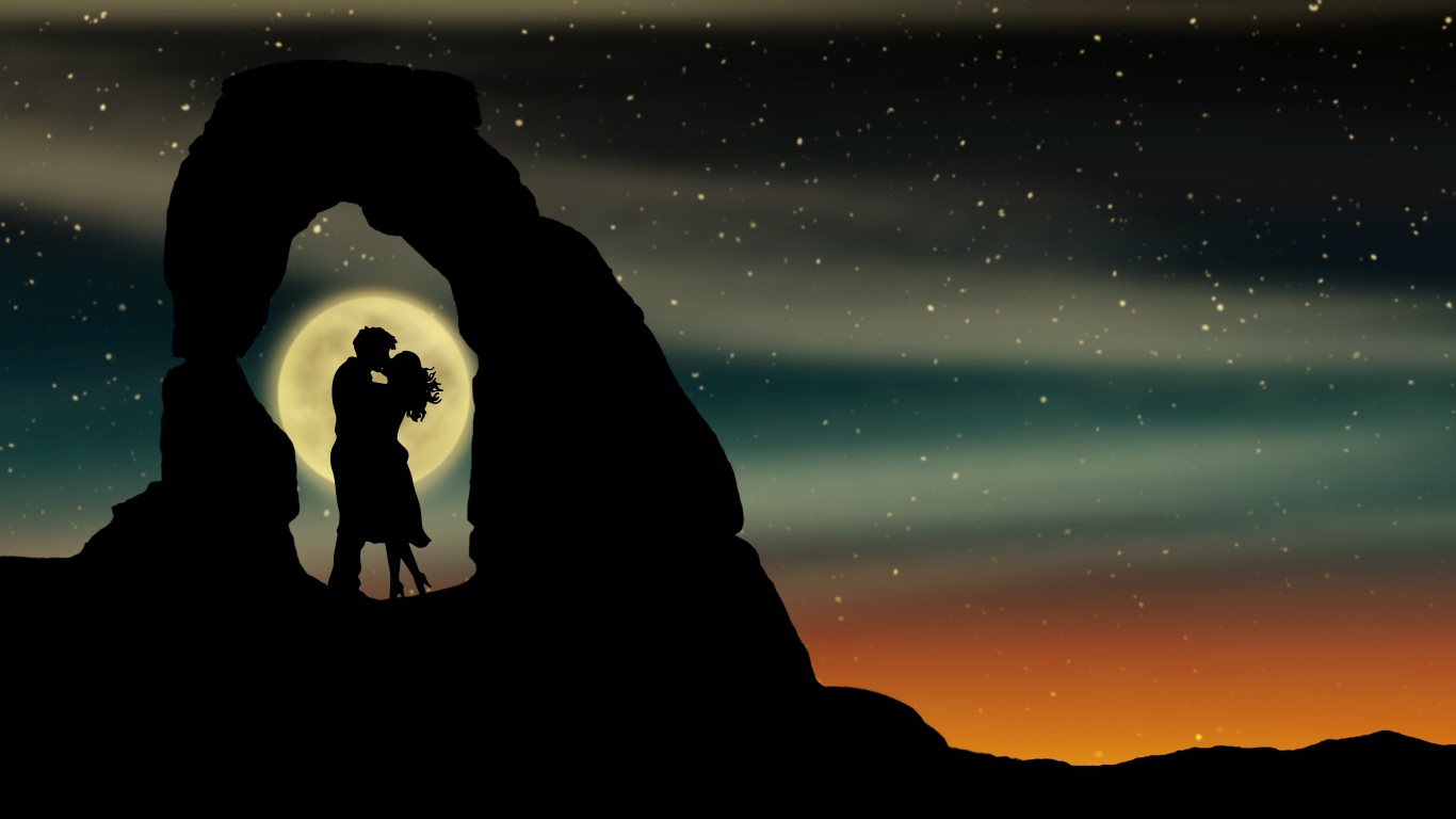 Поцелуй влюбленной пары в горах на фоне луны