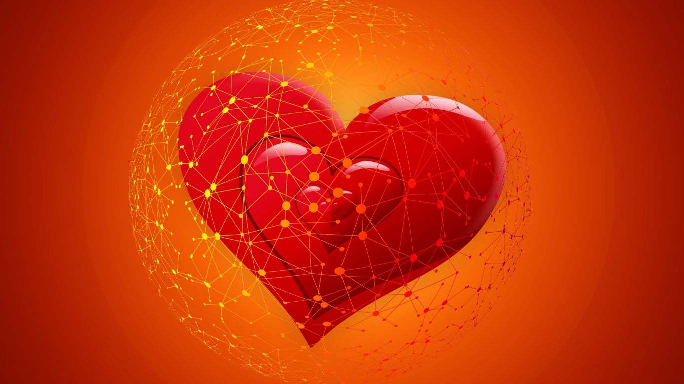 Красное сердце во всемирной паутине на оранжевом фоне