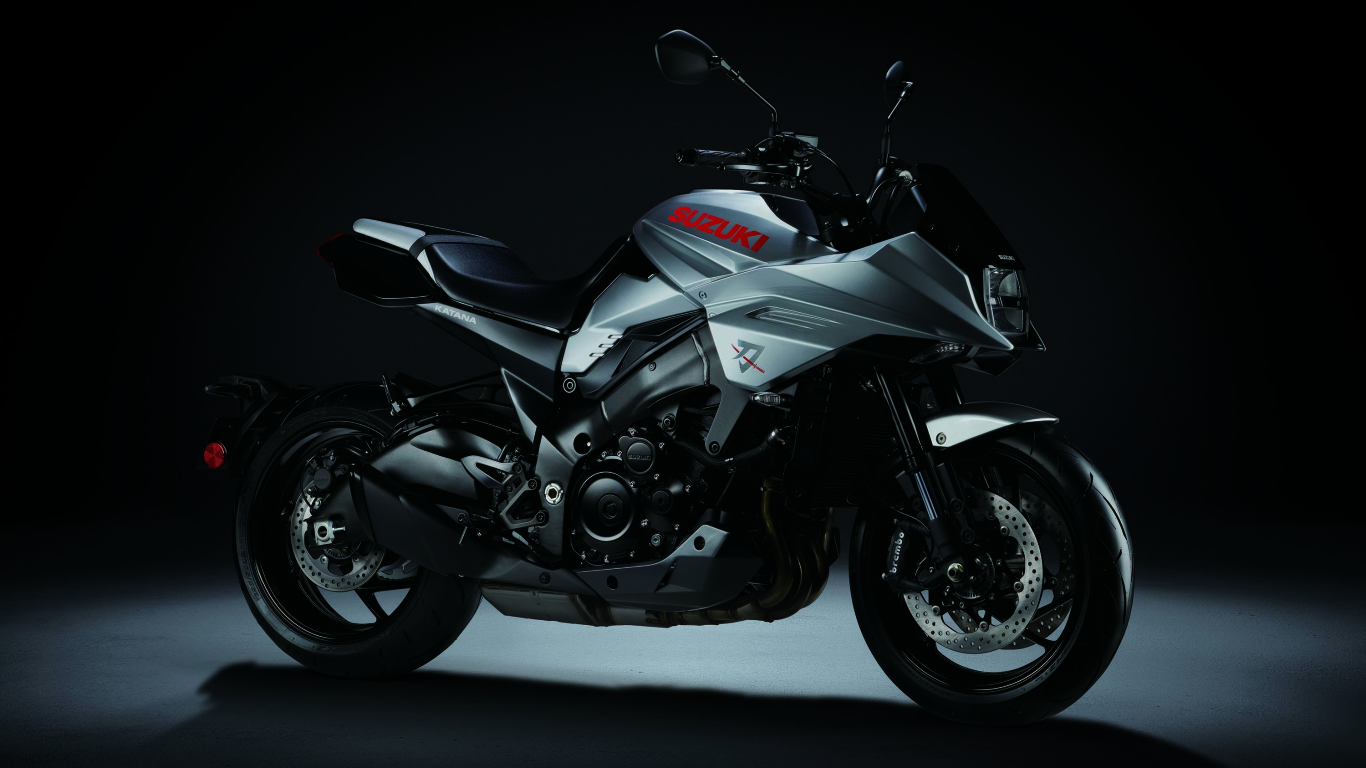 Мотоцикл Suzuki Katana 2020 года на сером фоне
