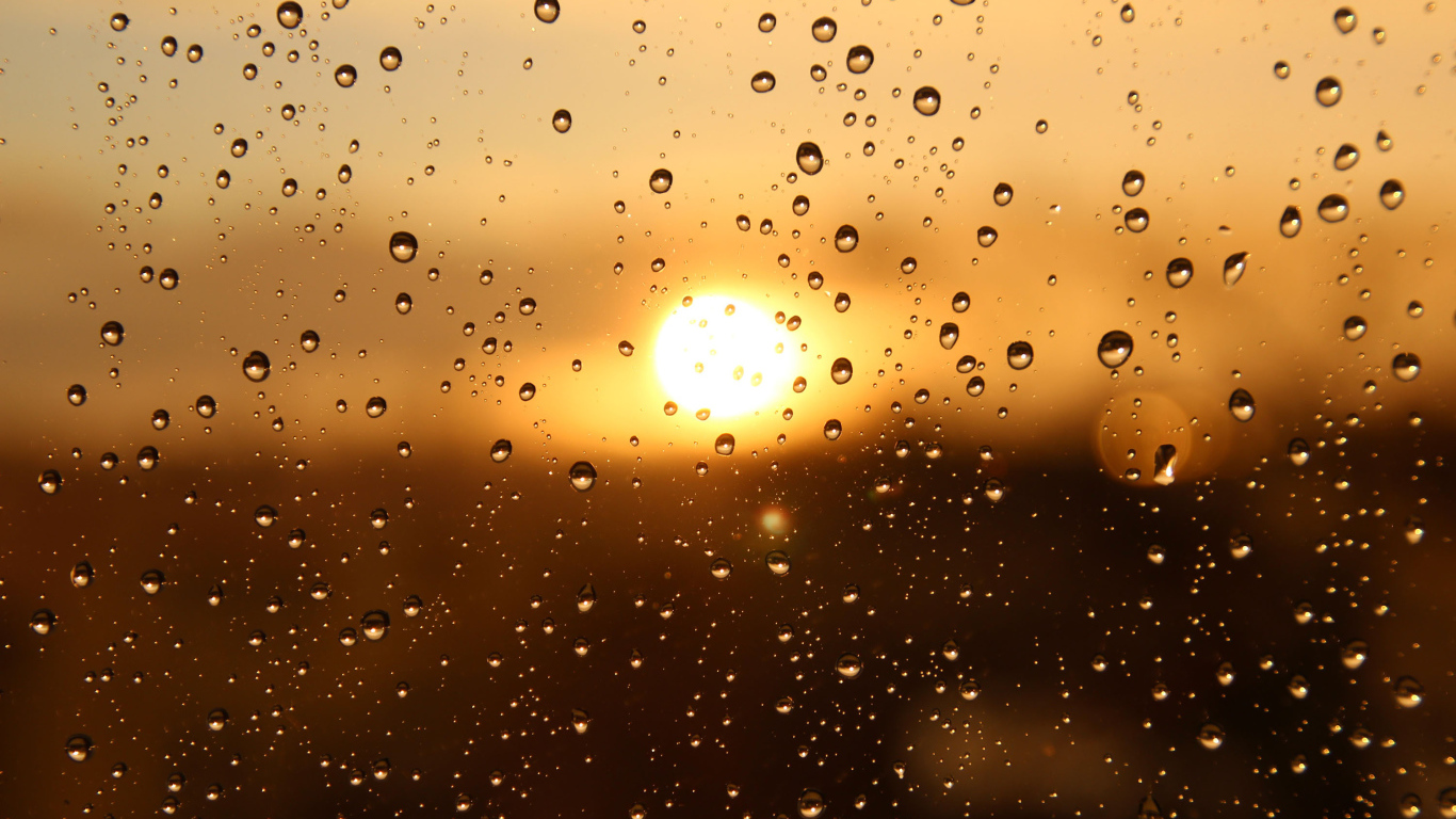 Капли дождя на стекле при свете солнца