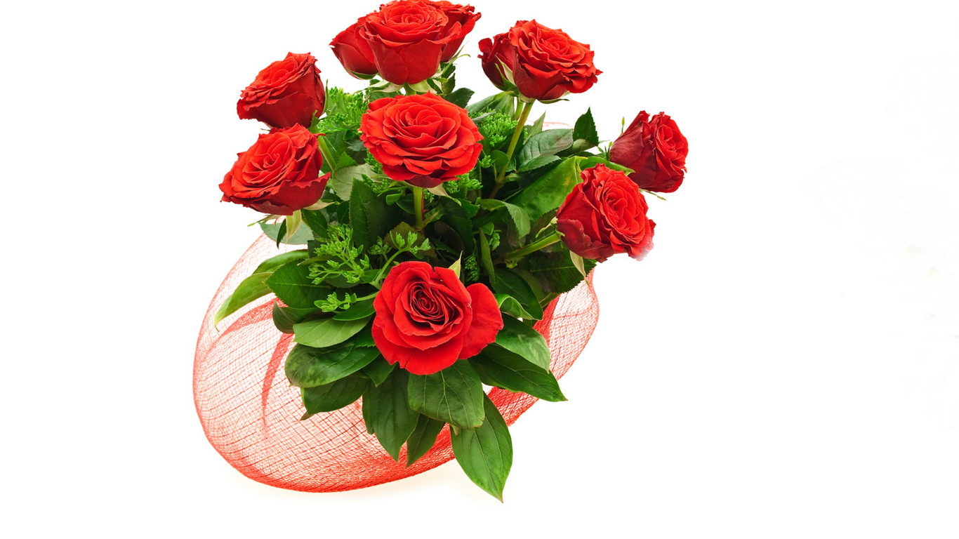 Букет красивых красных роз с зелеными листьями на белом фоне