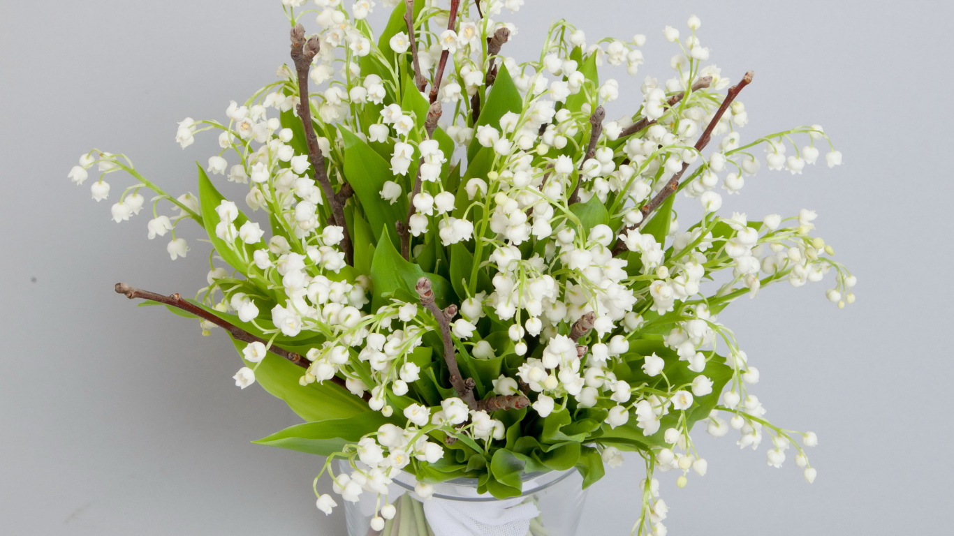 Букет белых ландышей в вазе на сером фоне