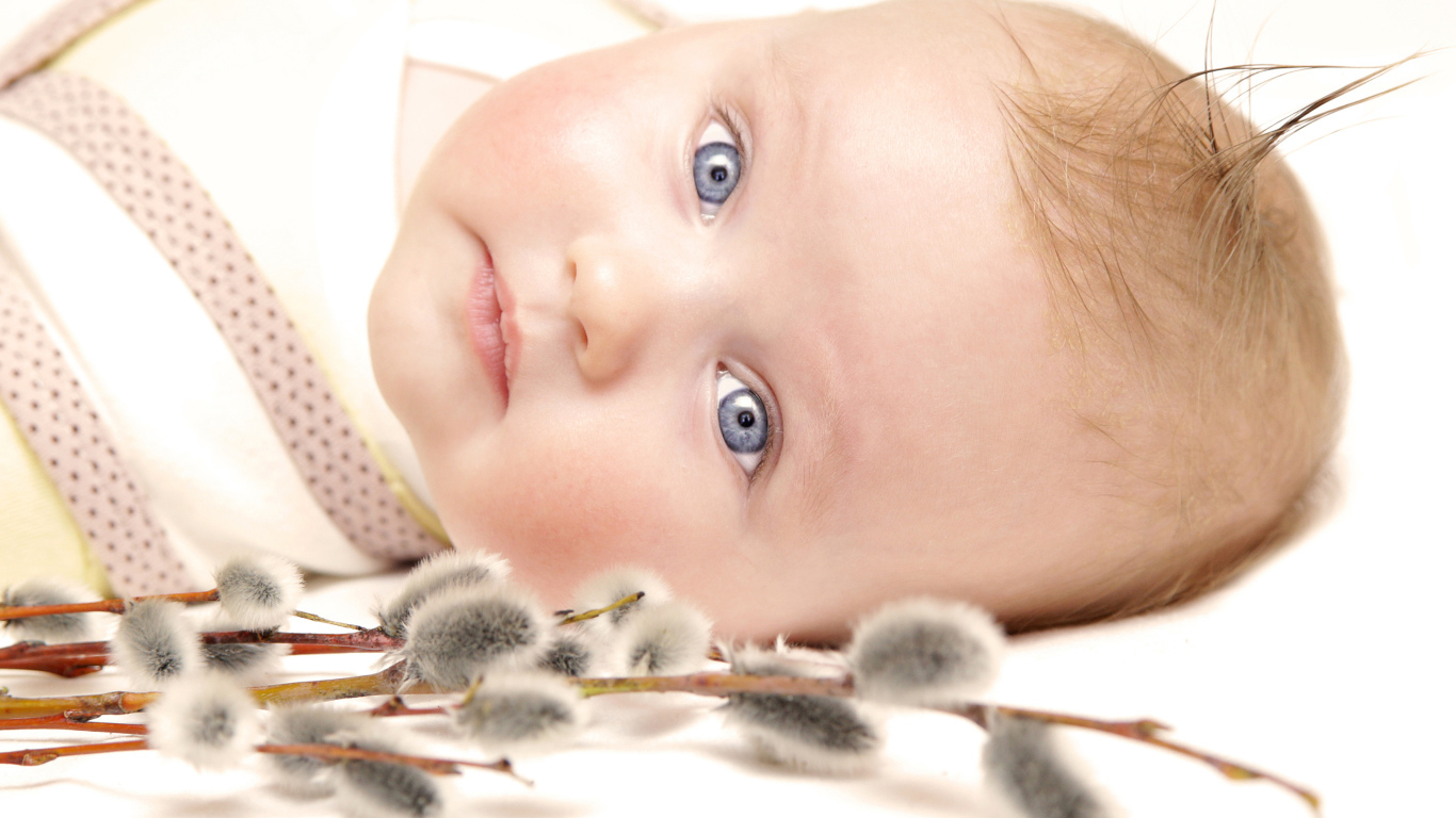 Маленький голубоглазый ребенок с веткой вербы