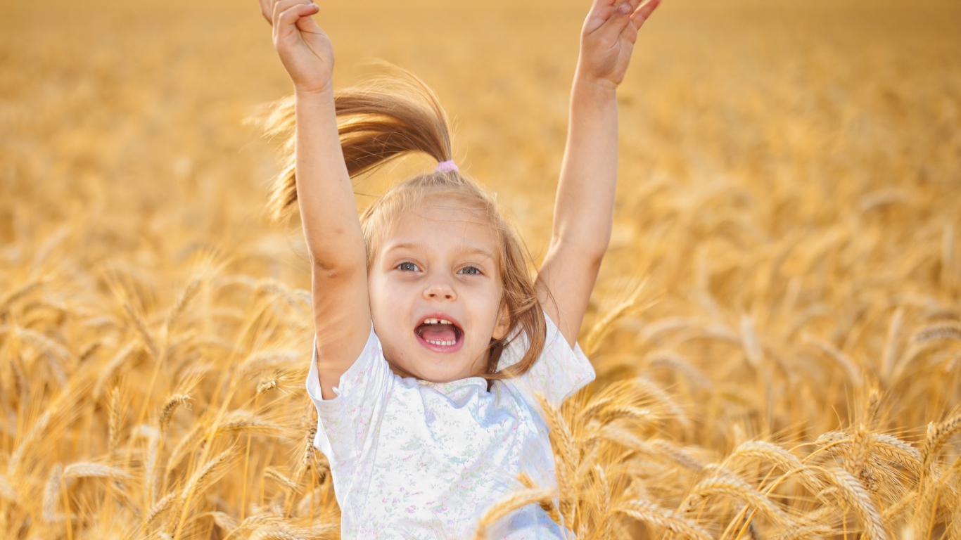 Маленькая веселая девочка в желтой пшенице
