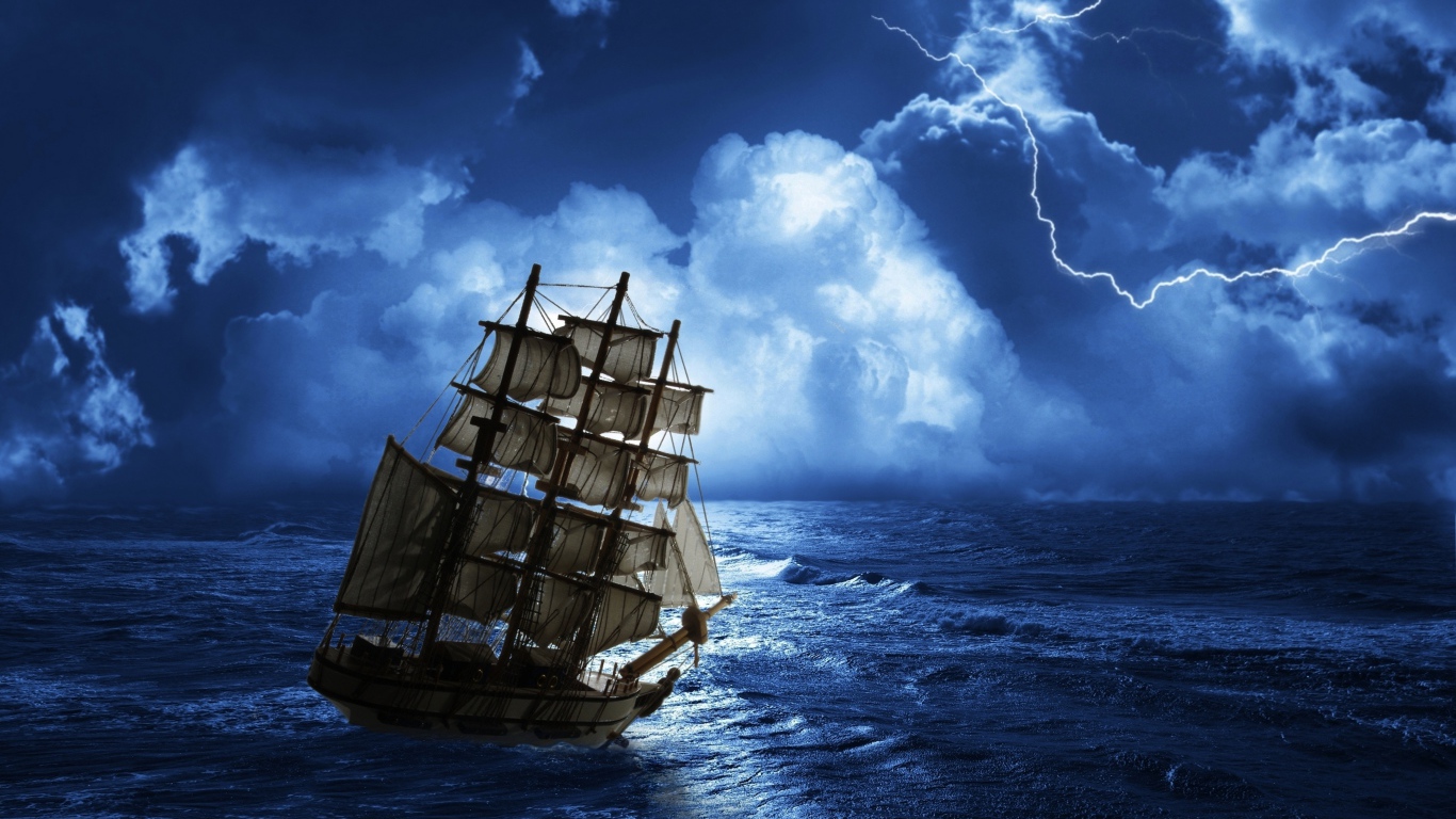 Sailing ship at sea in a storm