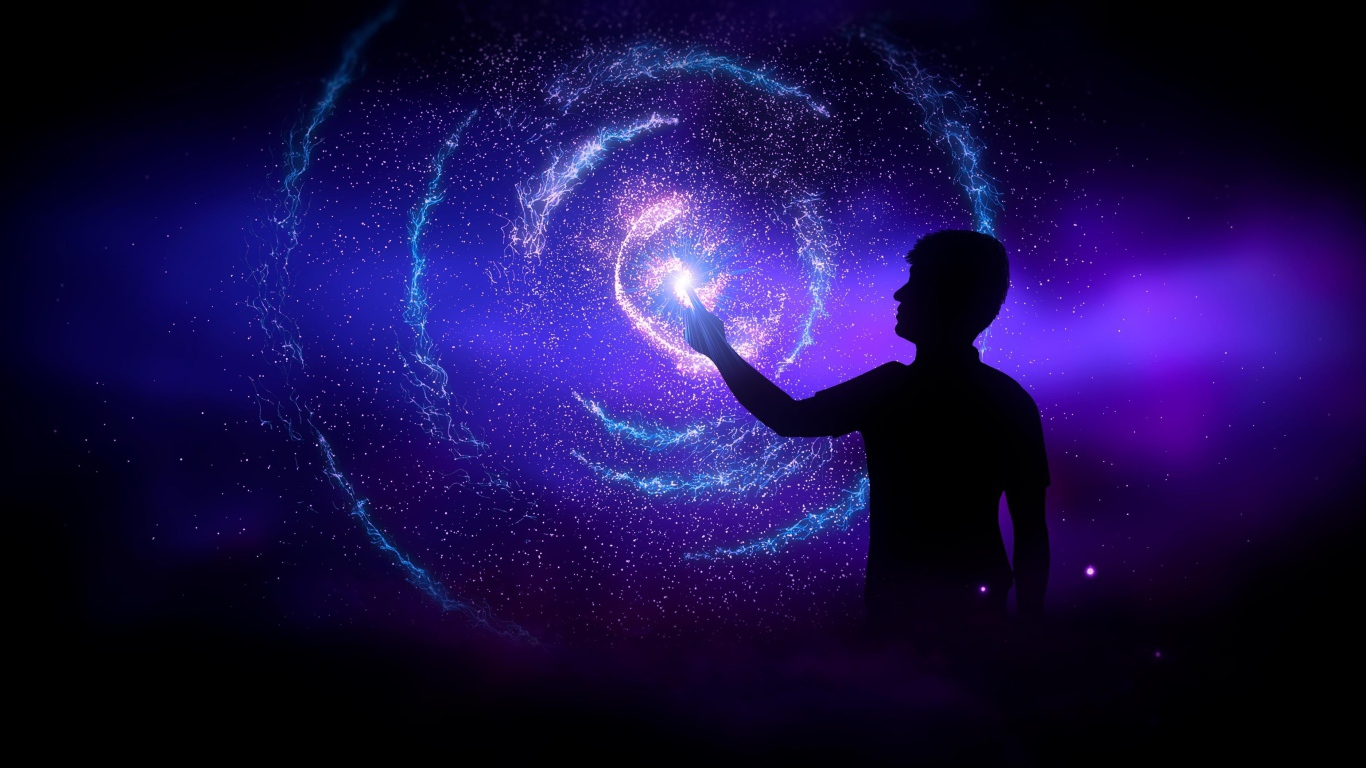 Мужчина прикасается в звездной галактике