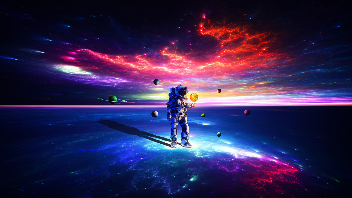 Астронавт на поверхности земли с планетами