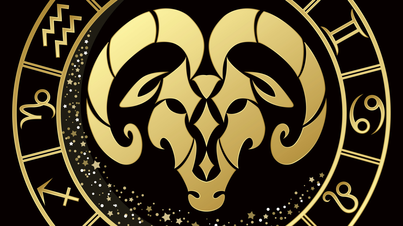 Золотой знак зодиака овен на черном фоне