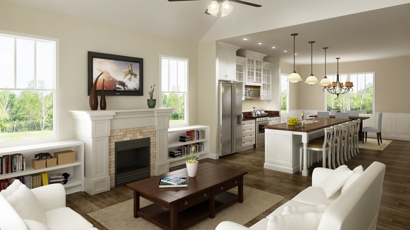 Светлая гостиная комната с кухней 