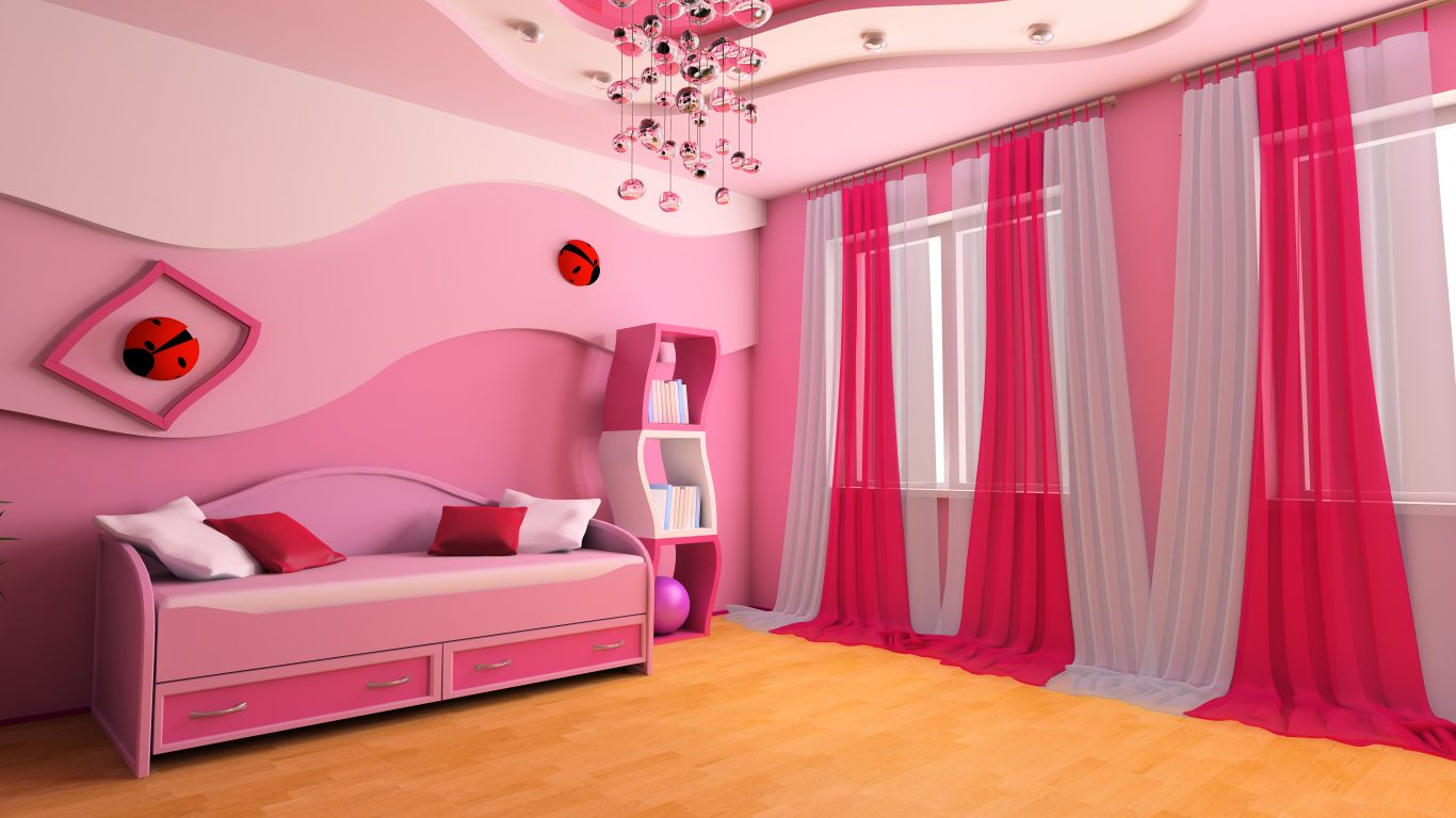 Детская комната в ярком розовом цвете с необычной люстрой 