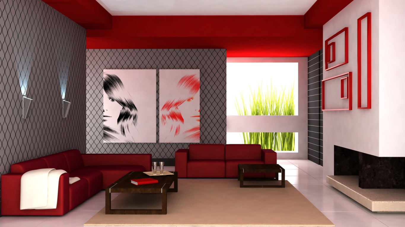 Проект гостиной комнаты с красными кожаными диванами 
