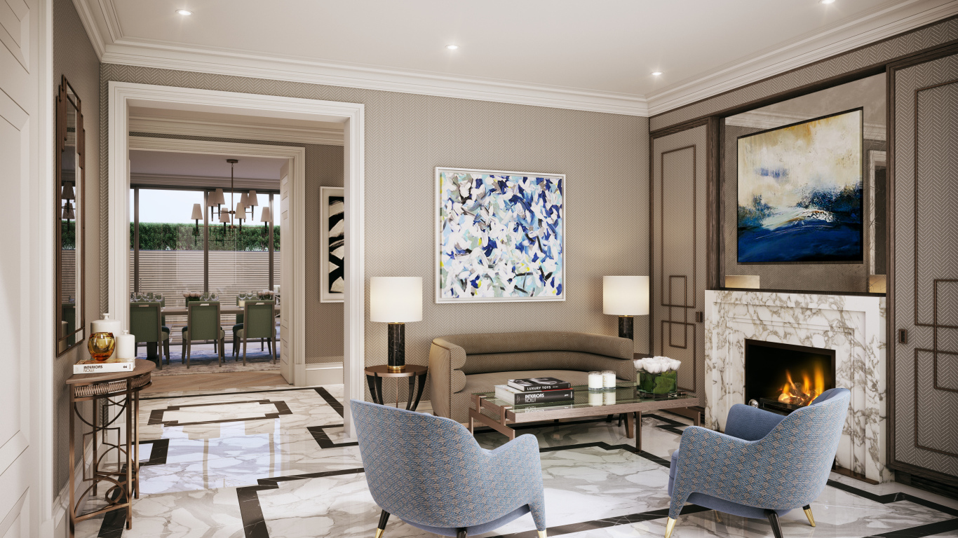 Гостиная с камином  и большой картиной на стене