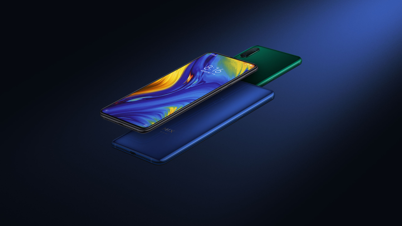 Новый безрамочный смартфон слайдер Xiaomi Mi Mix 3 на синем фоне