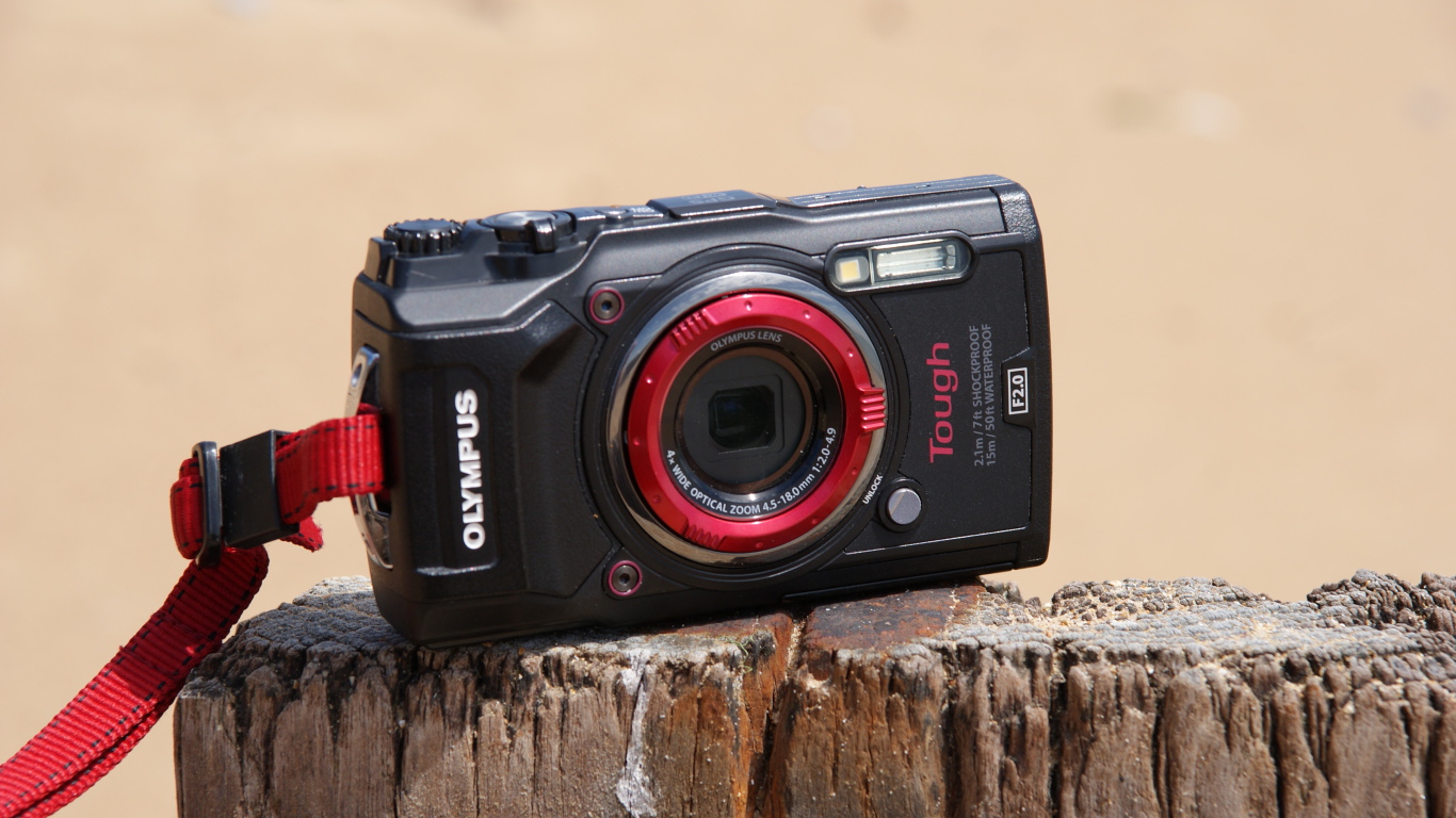 Стильный фотоаппарат Olympus Tough TG-5 стоит на пне