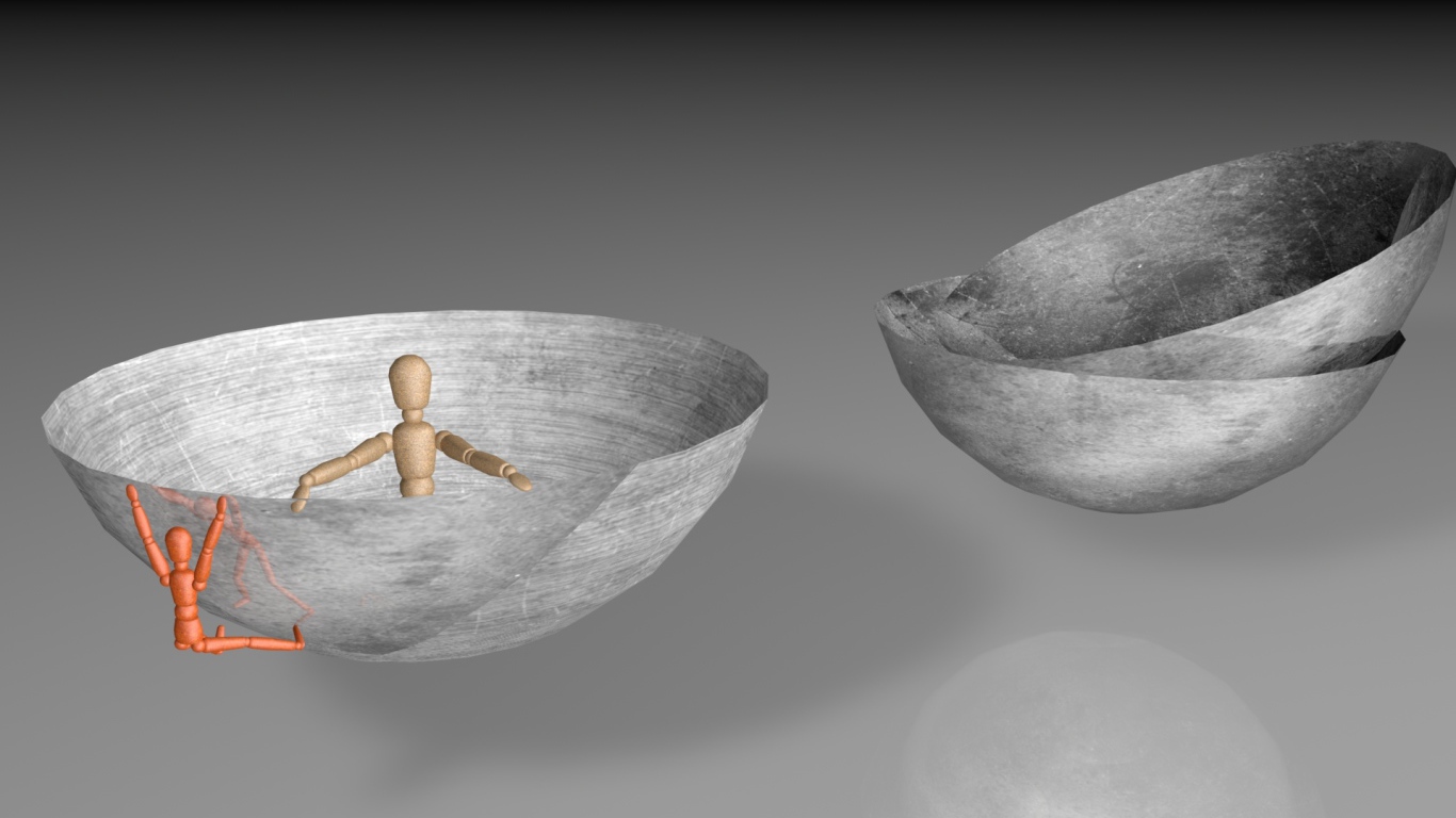 Роботы в серых чашах на сером фоне 3д графика