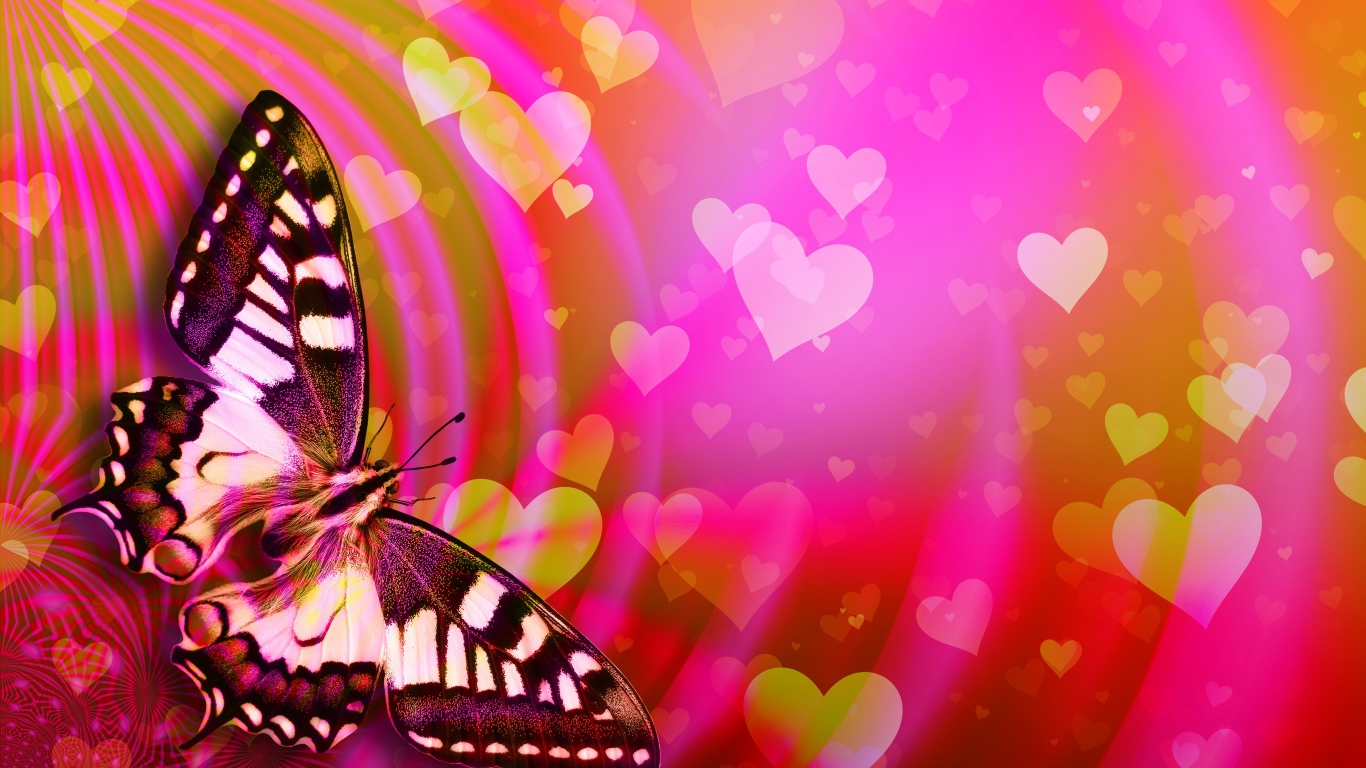 Большая бабочка махаон сидит на розовом фоне с сердечками