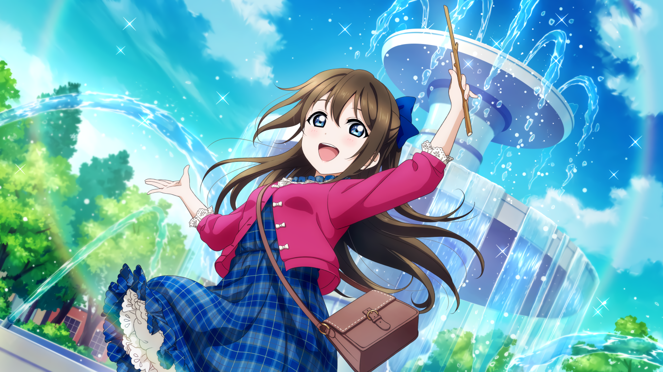 Девушка аниме в платье стоит у фонтана