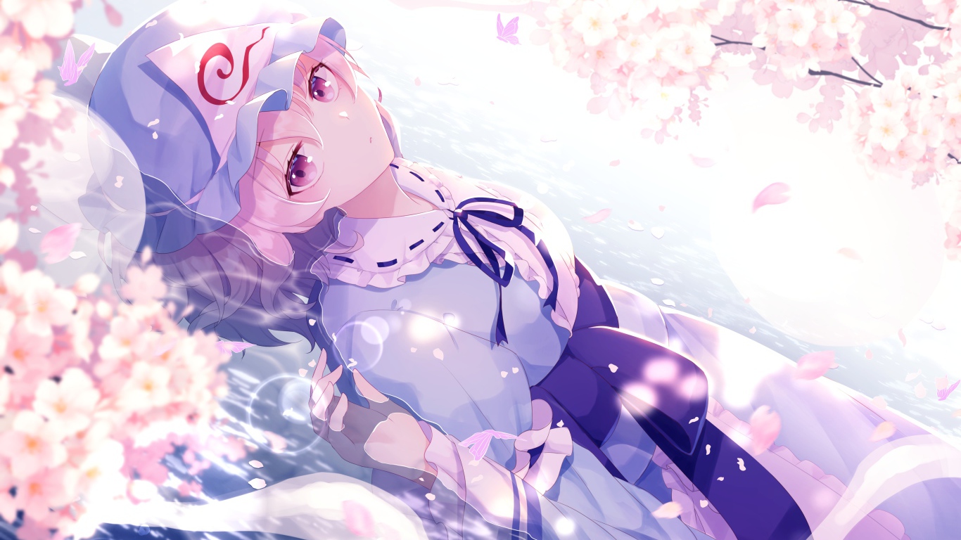 Девушка аниме на фоне белых цветов 